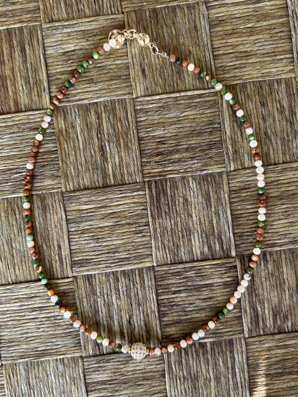 By Alexa Rae BAR Necklace Magnetic Jewelry Beaded Brown Green with Gold